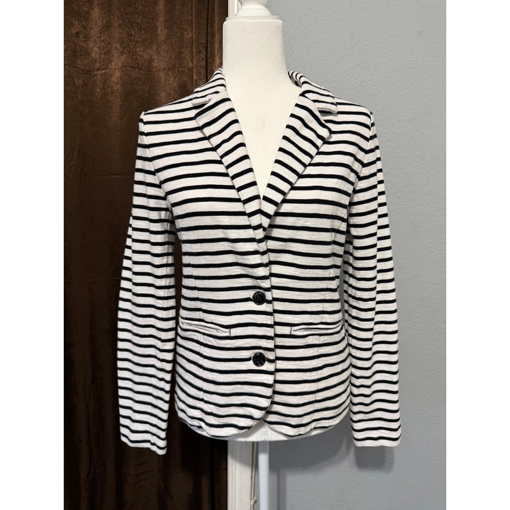 Shade‎ Womens Black White Striped Knit Slim Blazer Jacket M Notched Lapel Button